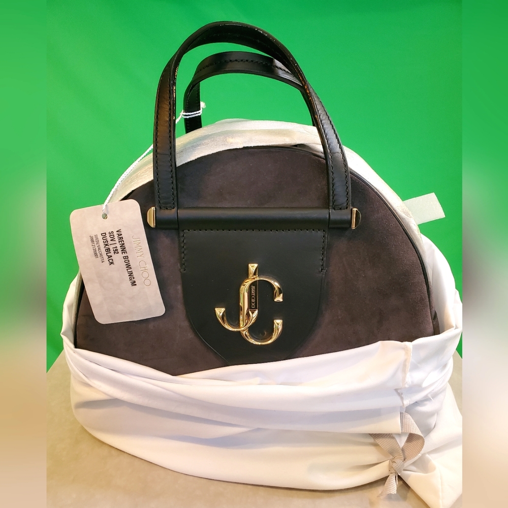 Jimmy Choo Varenne Bowling Bag - dusk/black suede $1850 New